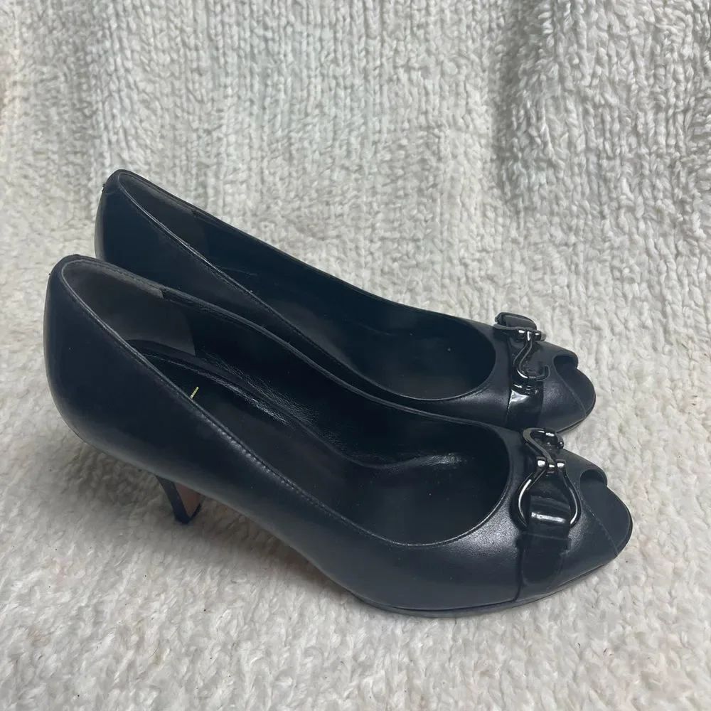 Cole  Haan Nike Air leather Black Peep-Toe Heels with patent & hook accent SZ7.5